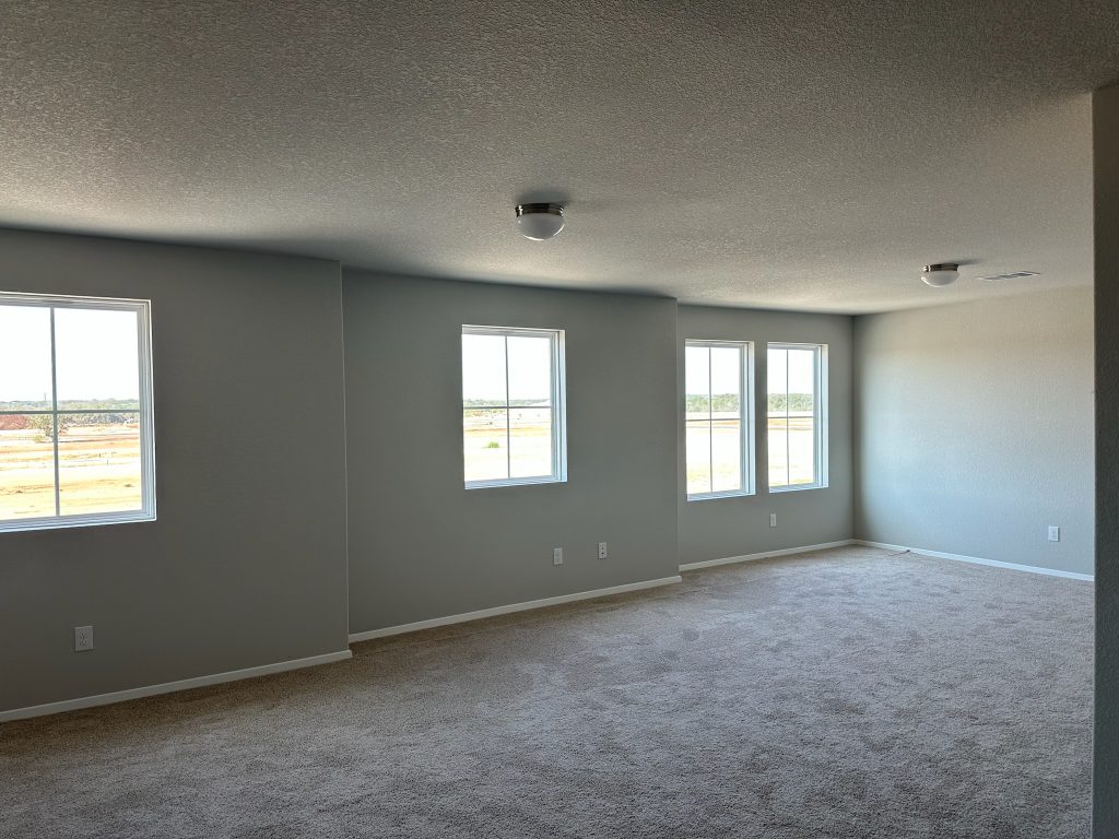 Image of home recreation room with multiple windows on a white wall and light carpet