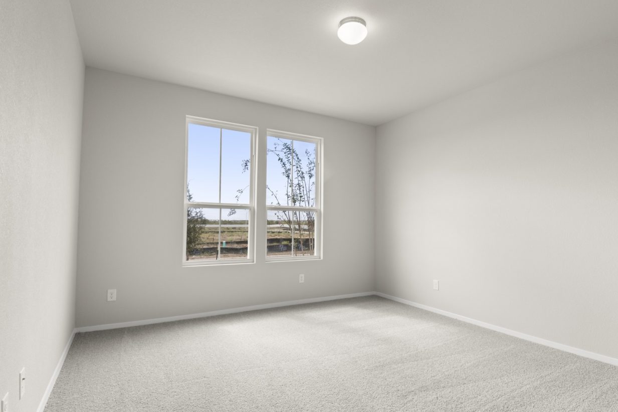 Image of primary bedroom with light grey walls and carpet with two windows