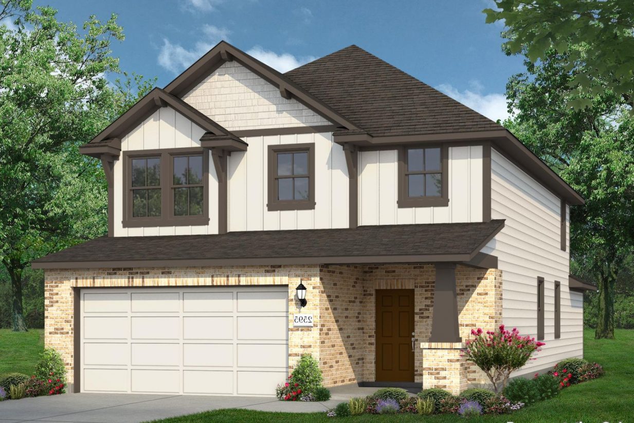 Rendering of two story home with yellow-white siding and garage door, brown trim and front door, and light brick on the first floor
