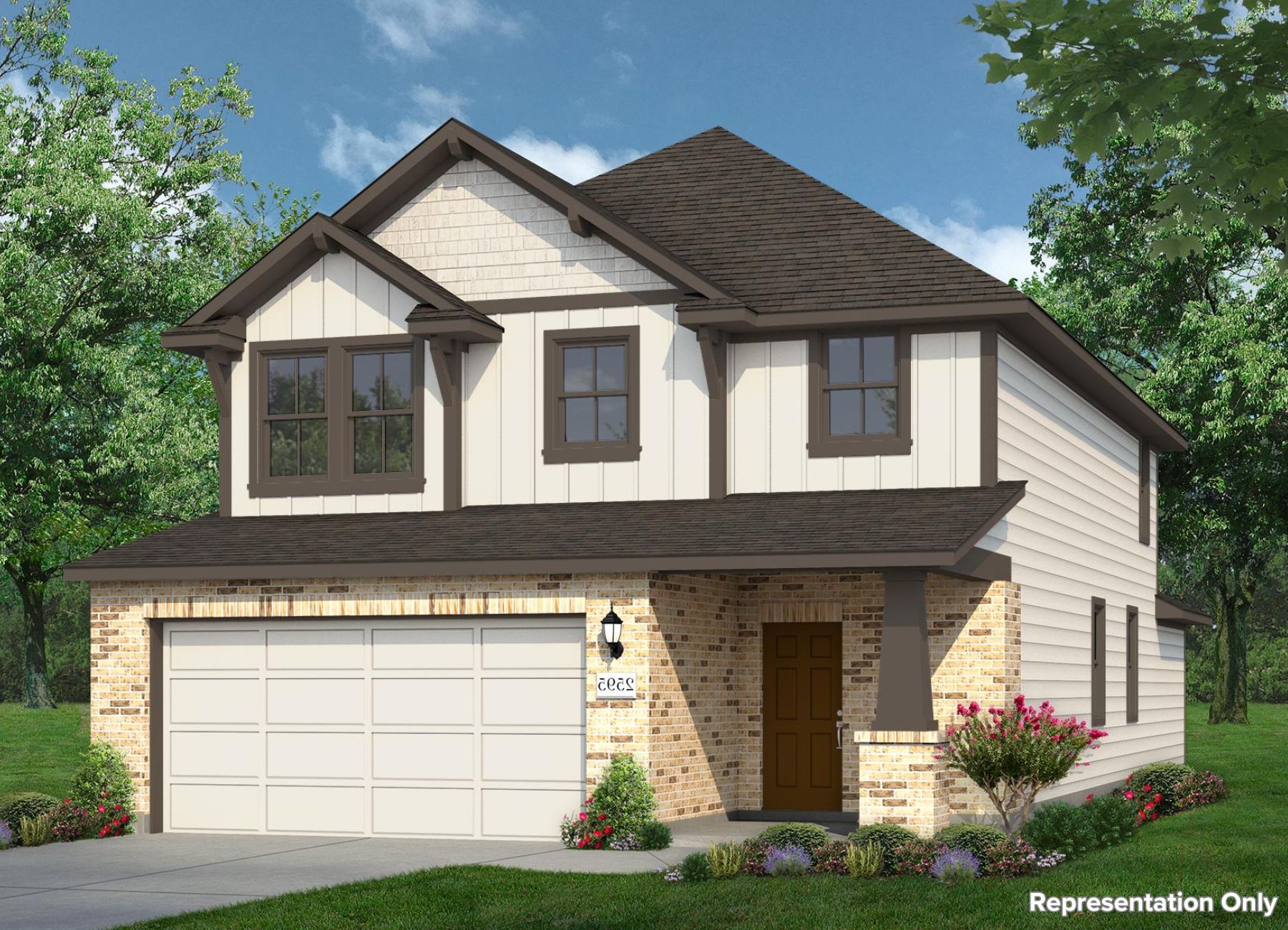 Rendering of two story home with yellow-white siding and garage door, brown trim and front door, and light brick on the first floor