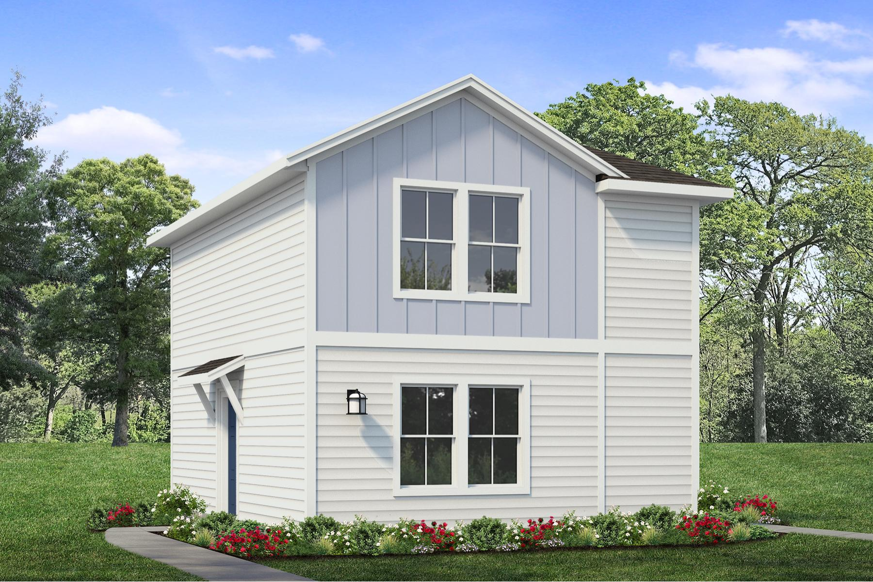 Rendered image of two story blue and white home with landscaping and sky