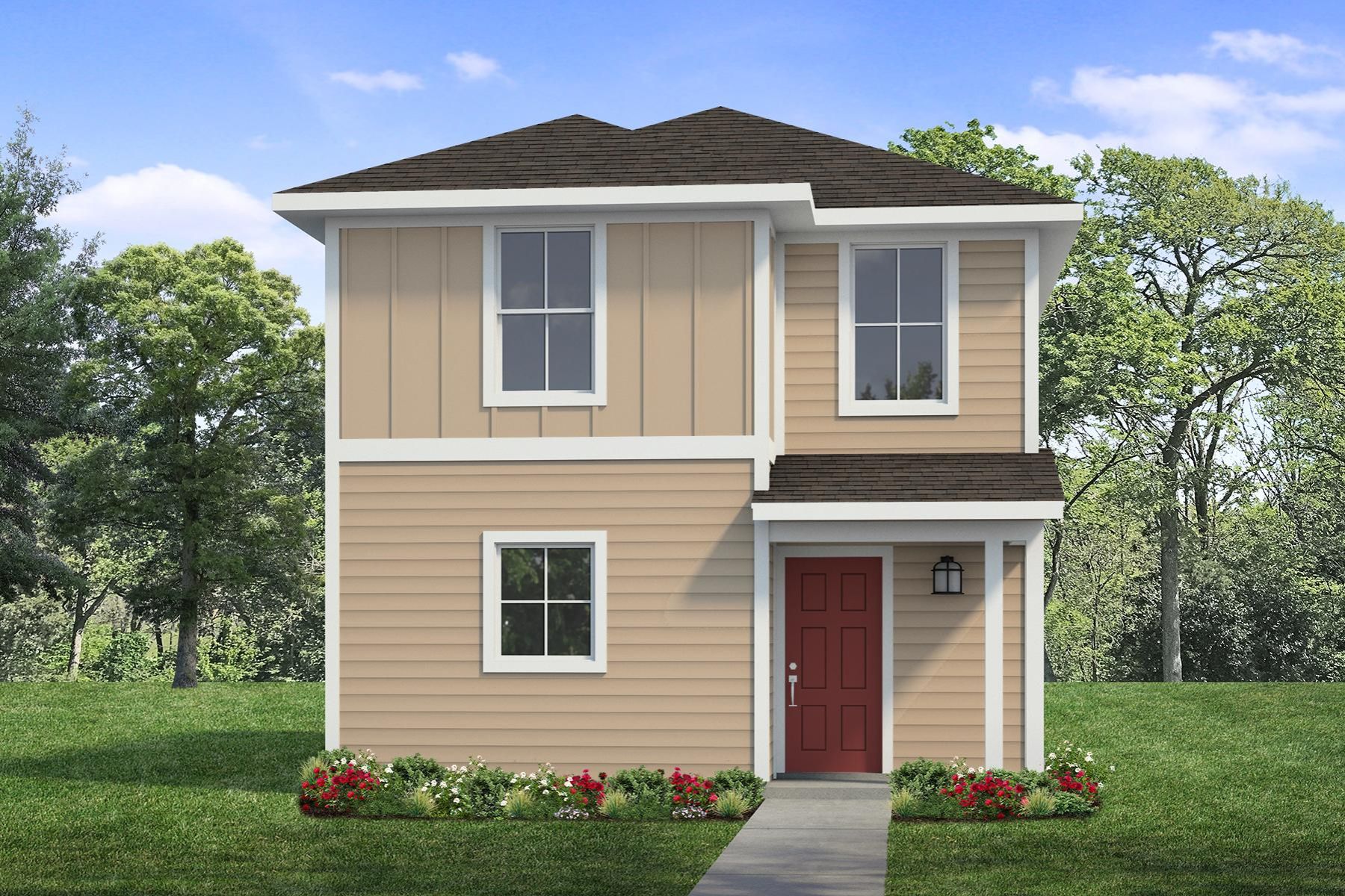 Rendered image of two story tan home with red door with landscaping and sky