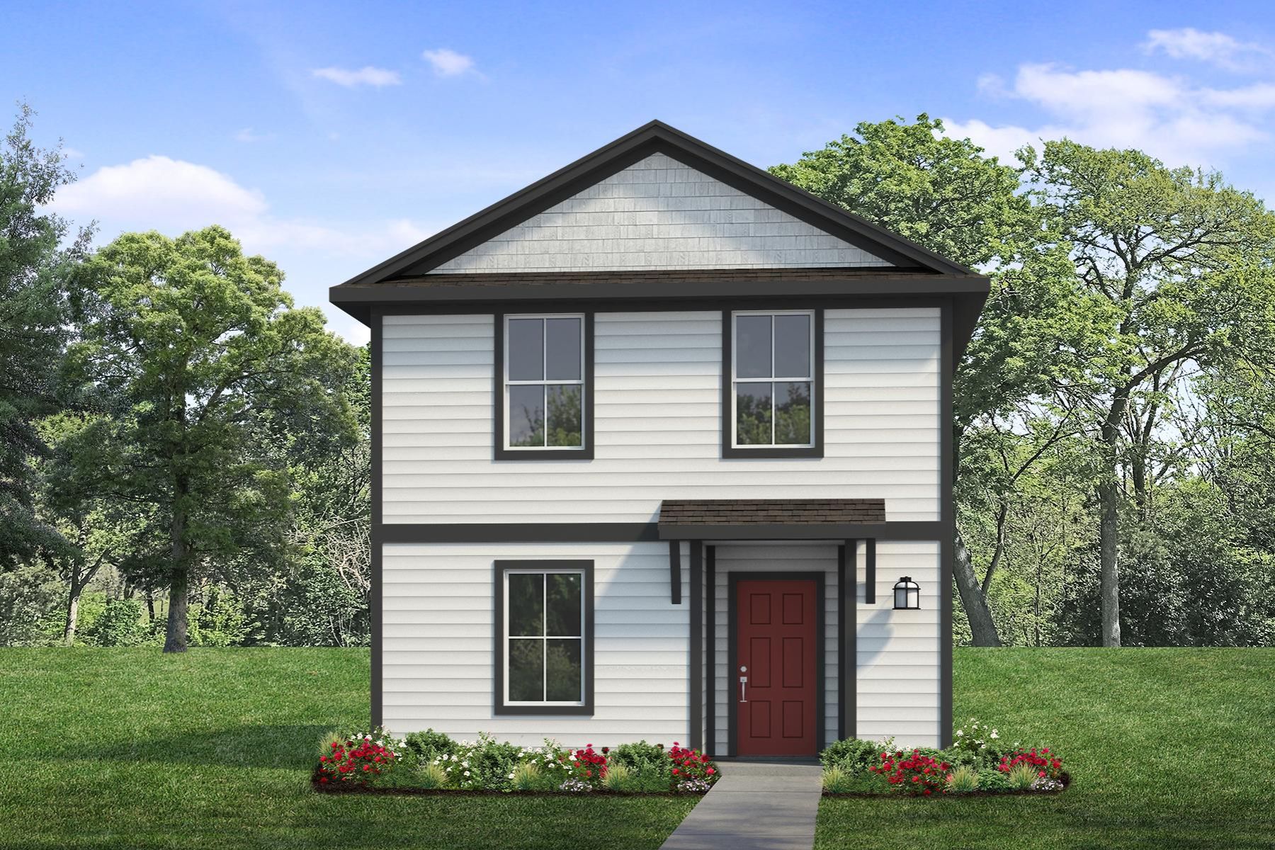 Rendered image of two story white and black home with red door with landscaping and sky