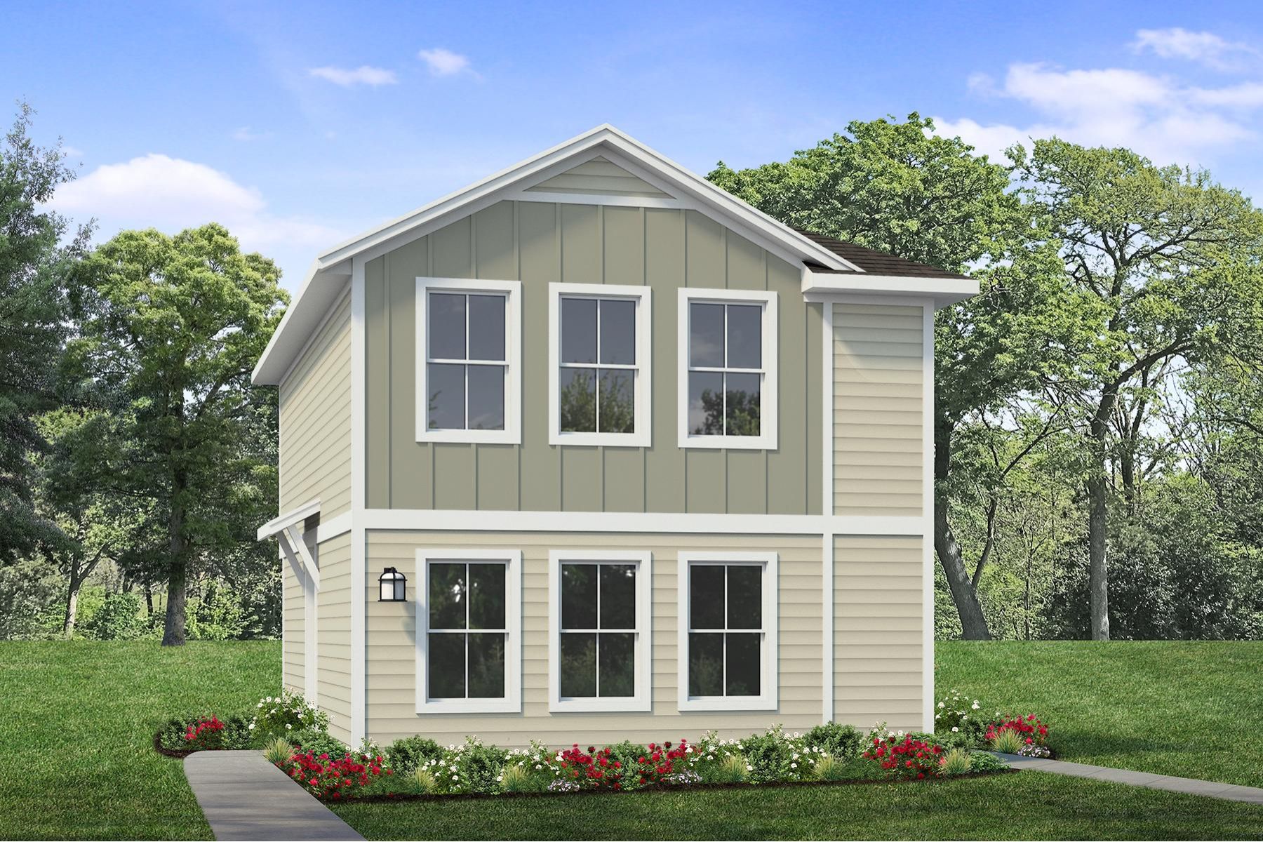 Rendered image of two story green home with landscaping and sky