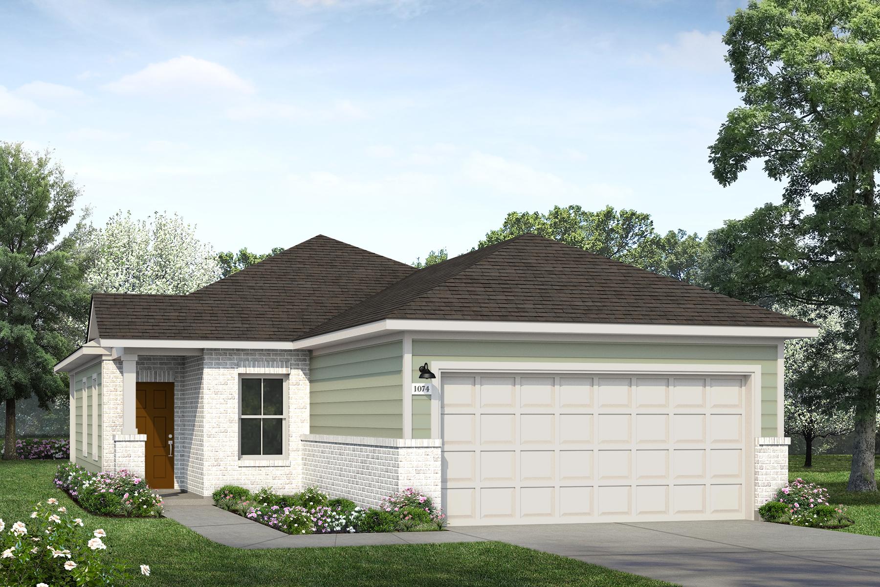 Rendering of one story home with white brick, green siding, and brown door