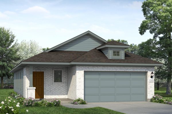 Rendering of one story home with white brick, brown door, and teal accents and garage