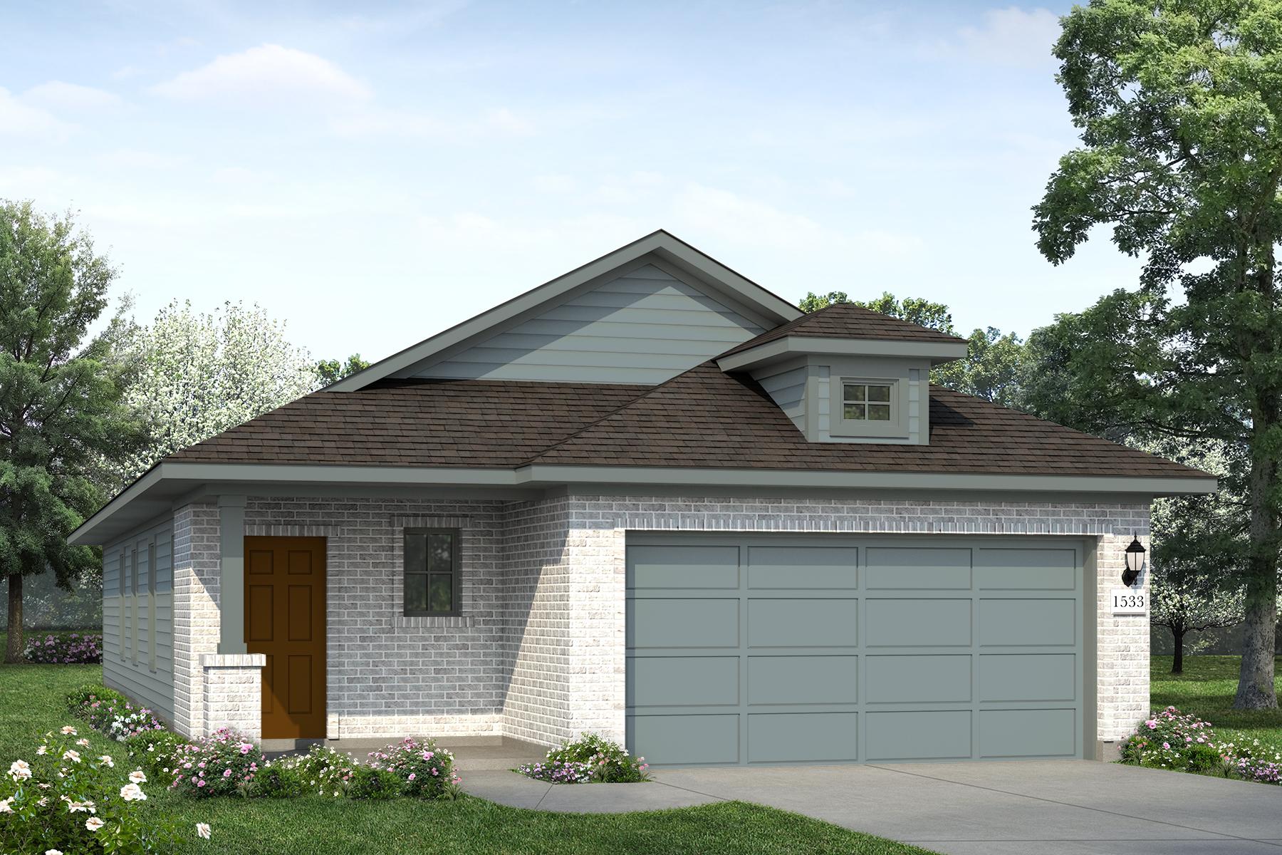 Rendering of one story home with white brick, brown door, and teal accents and garage