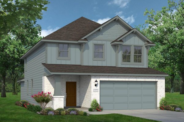 Rendering of two story home with white brick, brown door, and teal accents and garage