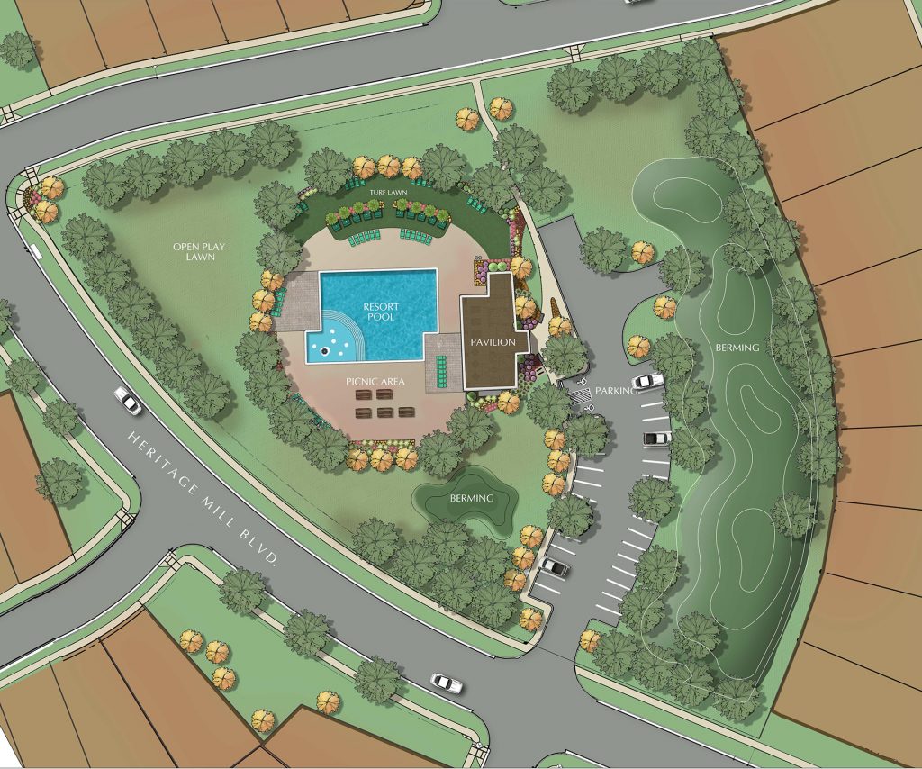 Rendering of community amenity center for Heritage Mill including a pool, pavilion, and open play lawn