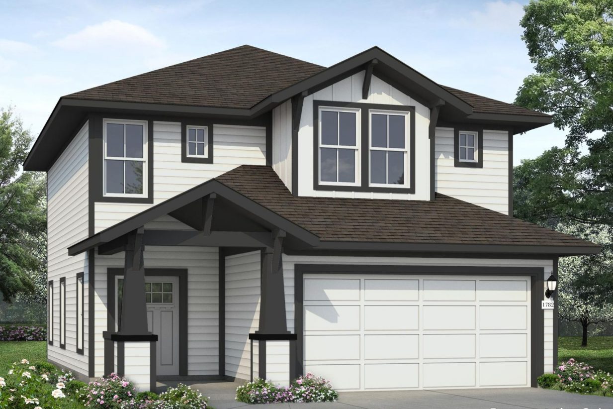Rendering of two-story white home with black trim and accents and light grey front door