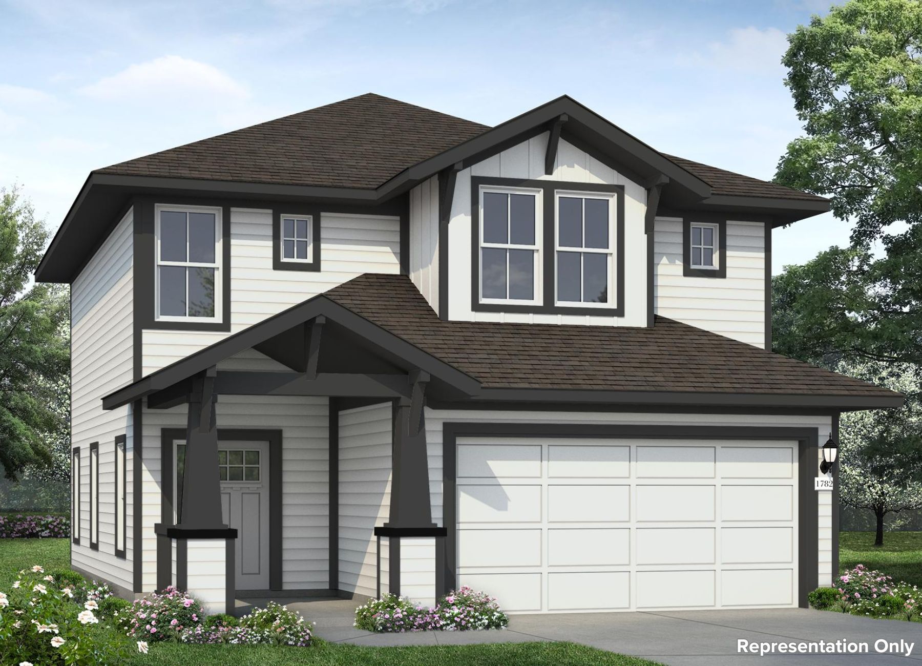 Rendering of two-story white home with black trim and accents and light grey front door