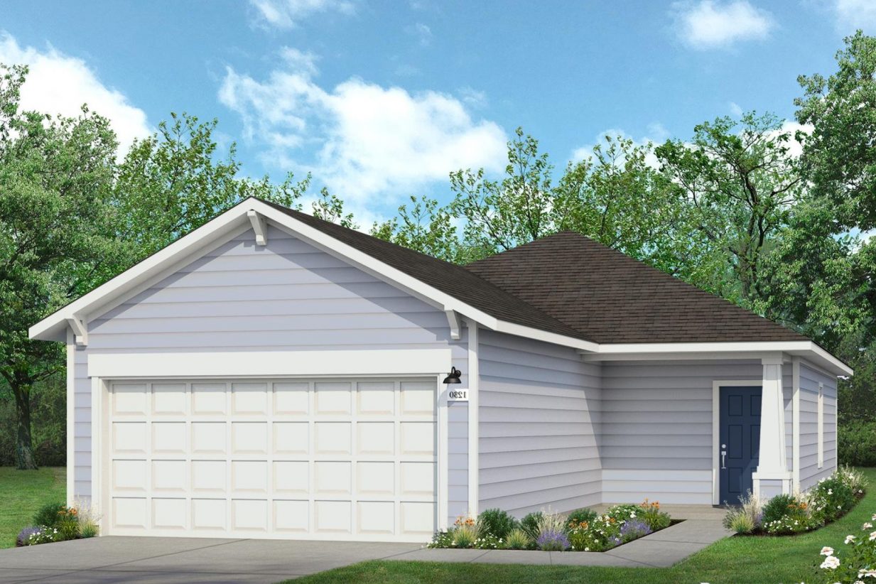 Rendering of one-story light blue home with blue front door and white garage