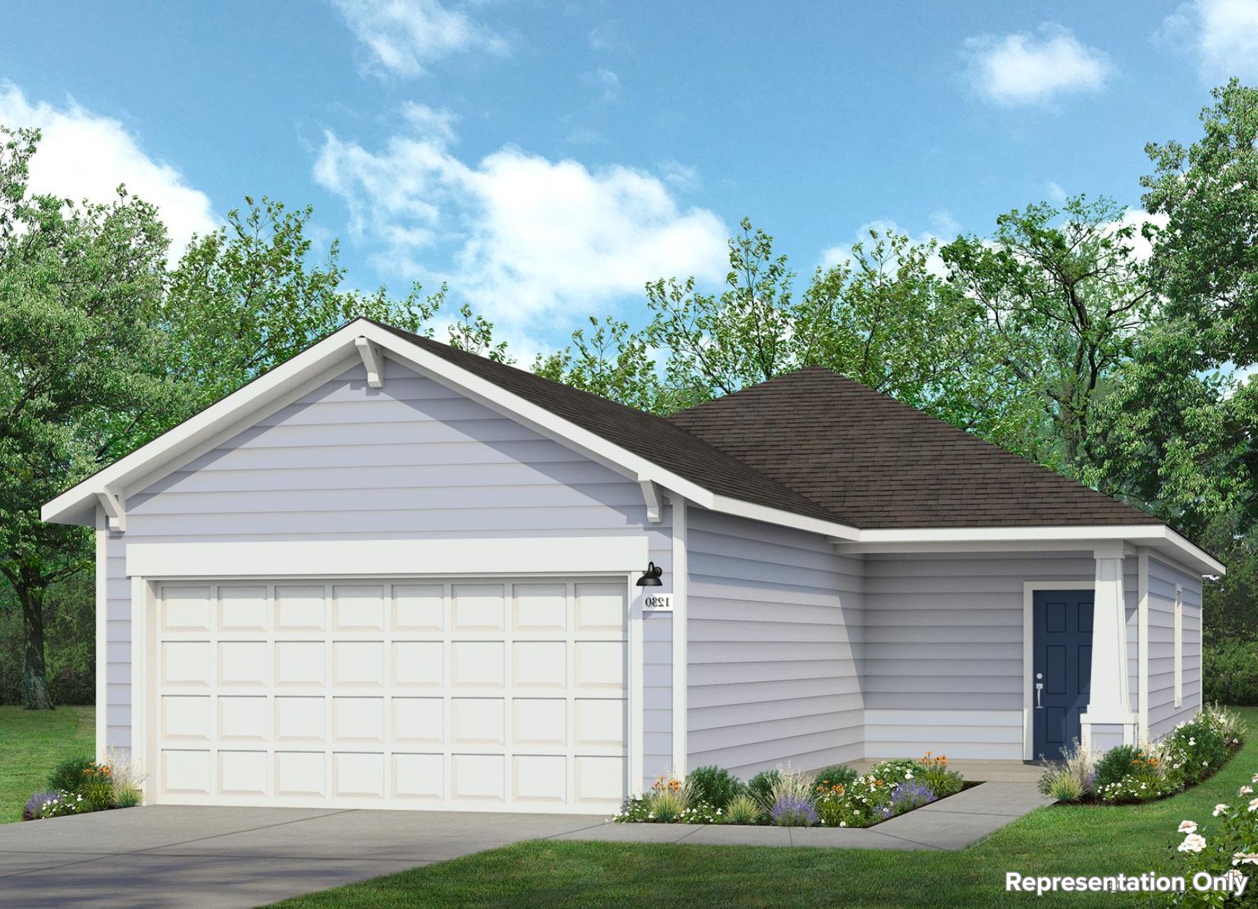 Rendering of one-story light blue home with blue front door and white garage