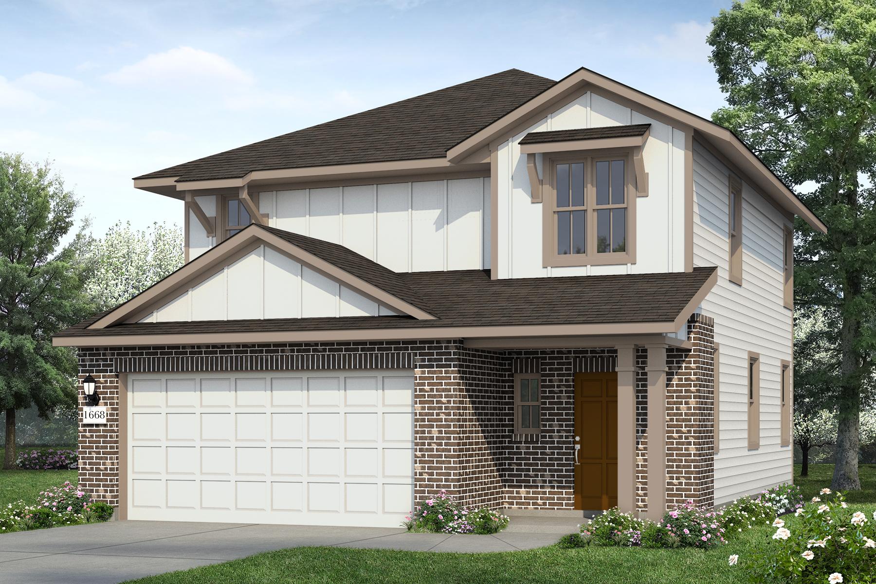 Rendering of two story home with dark brick, white siding and garage, and tan trim