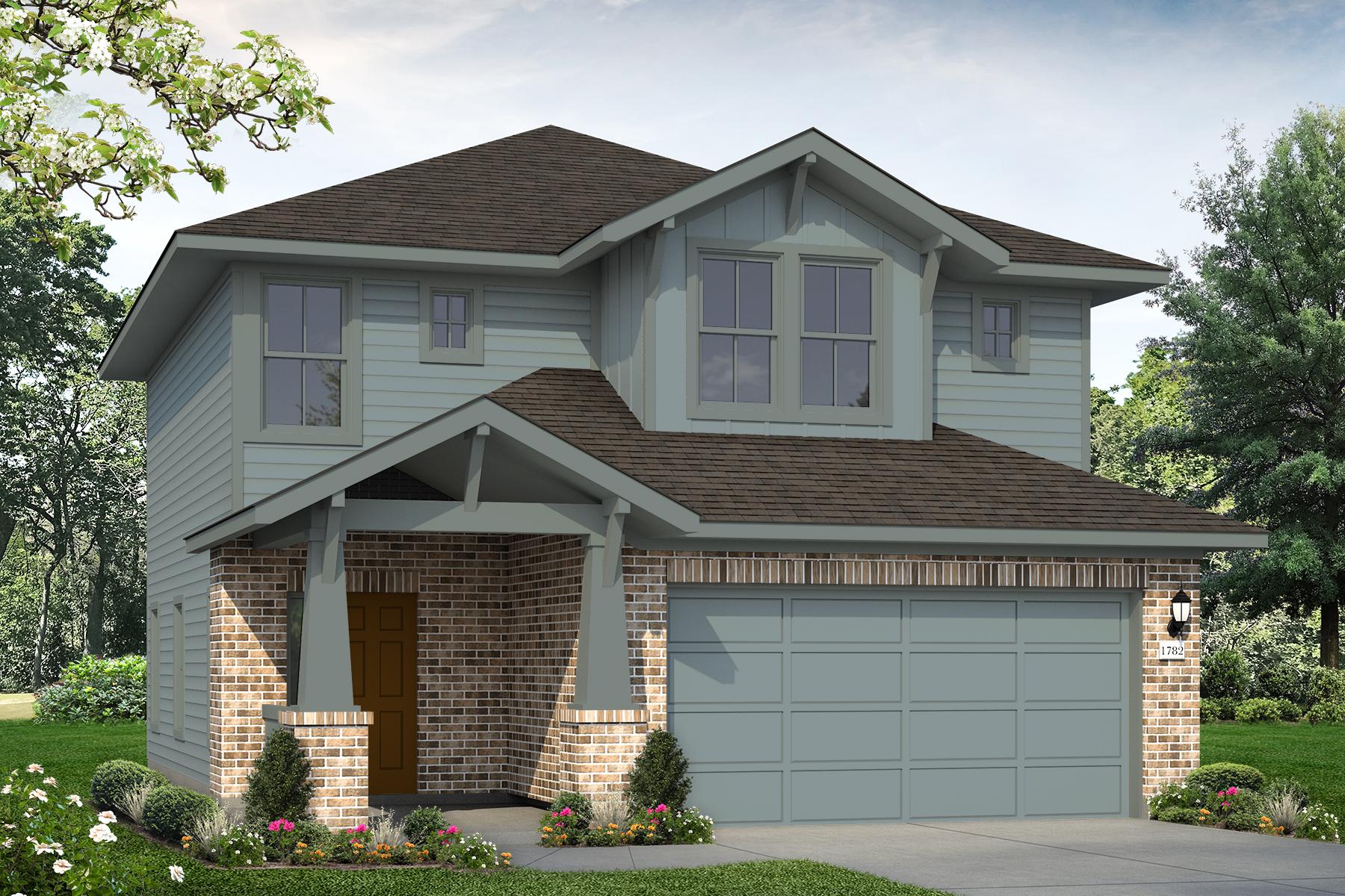 Rendering of two story home with orange tone brick and teal accent and garage with brown front door