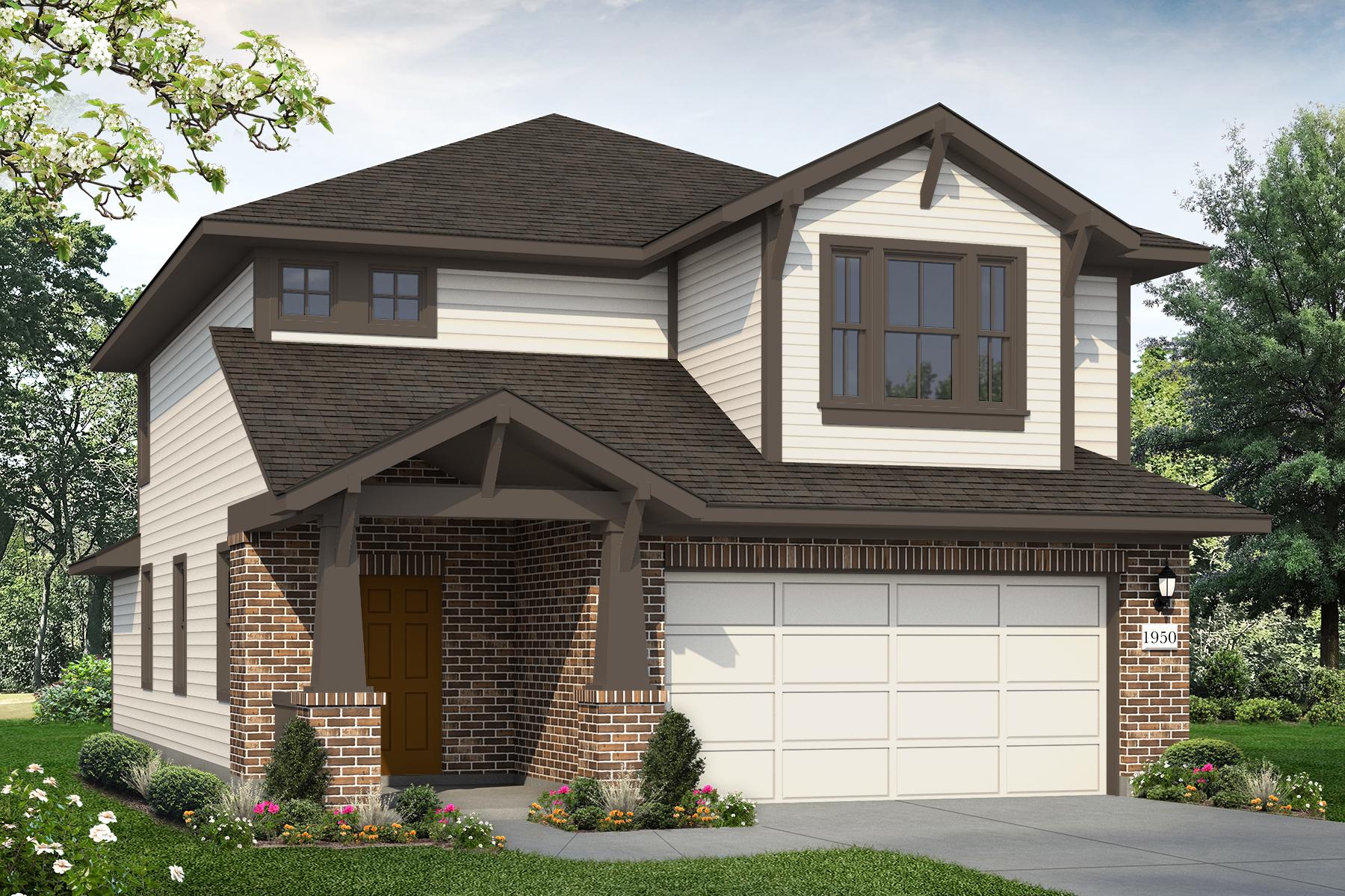 Rendering of two story home with brick and two tone brown accents