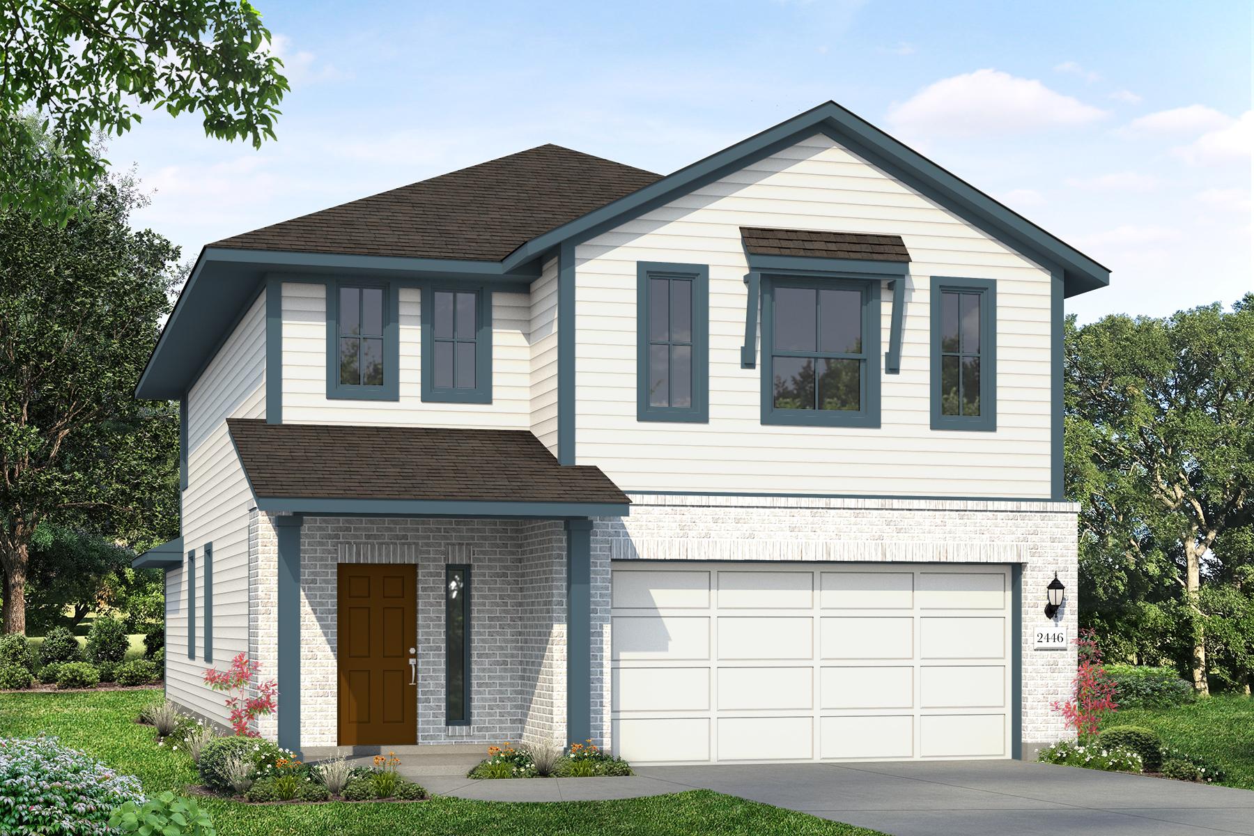 Rendering of two story home with white brick and siding with teal accents