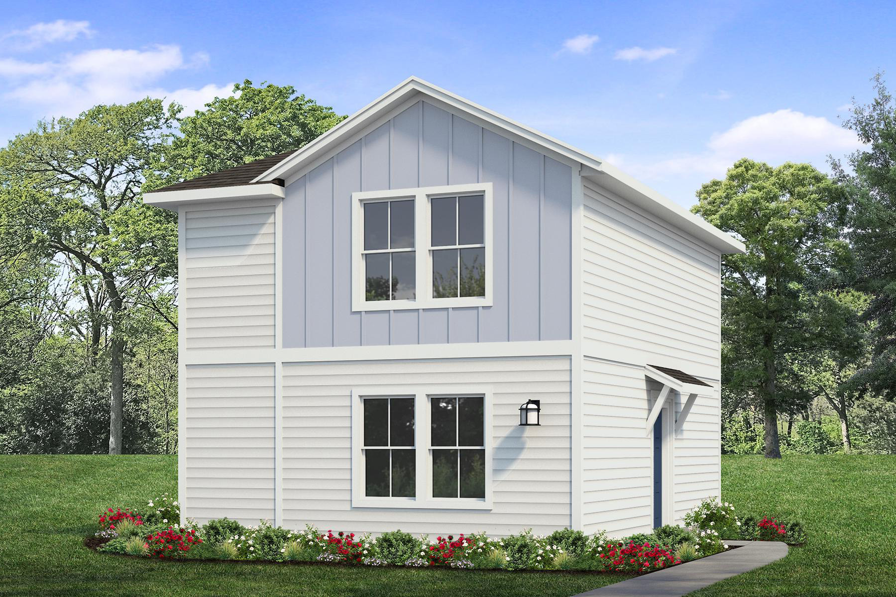 Rendered image of two story blue and white home with landscaping and sky