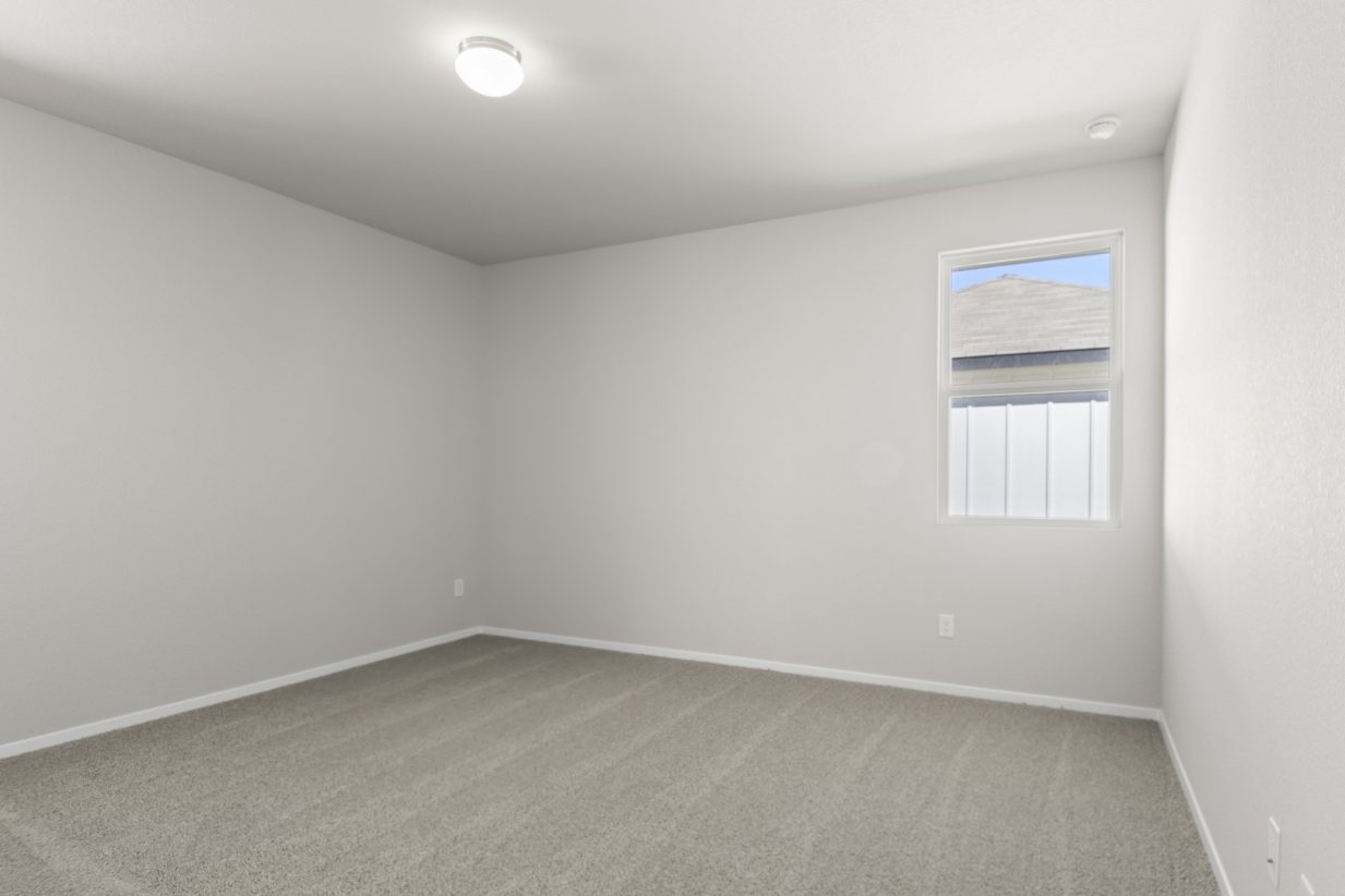 Image of a primary bedroom with light grey walls, tan carpeting, a window and white trim