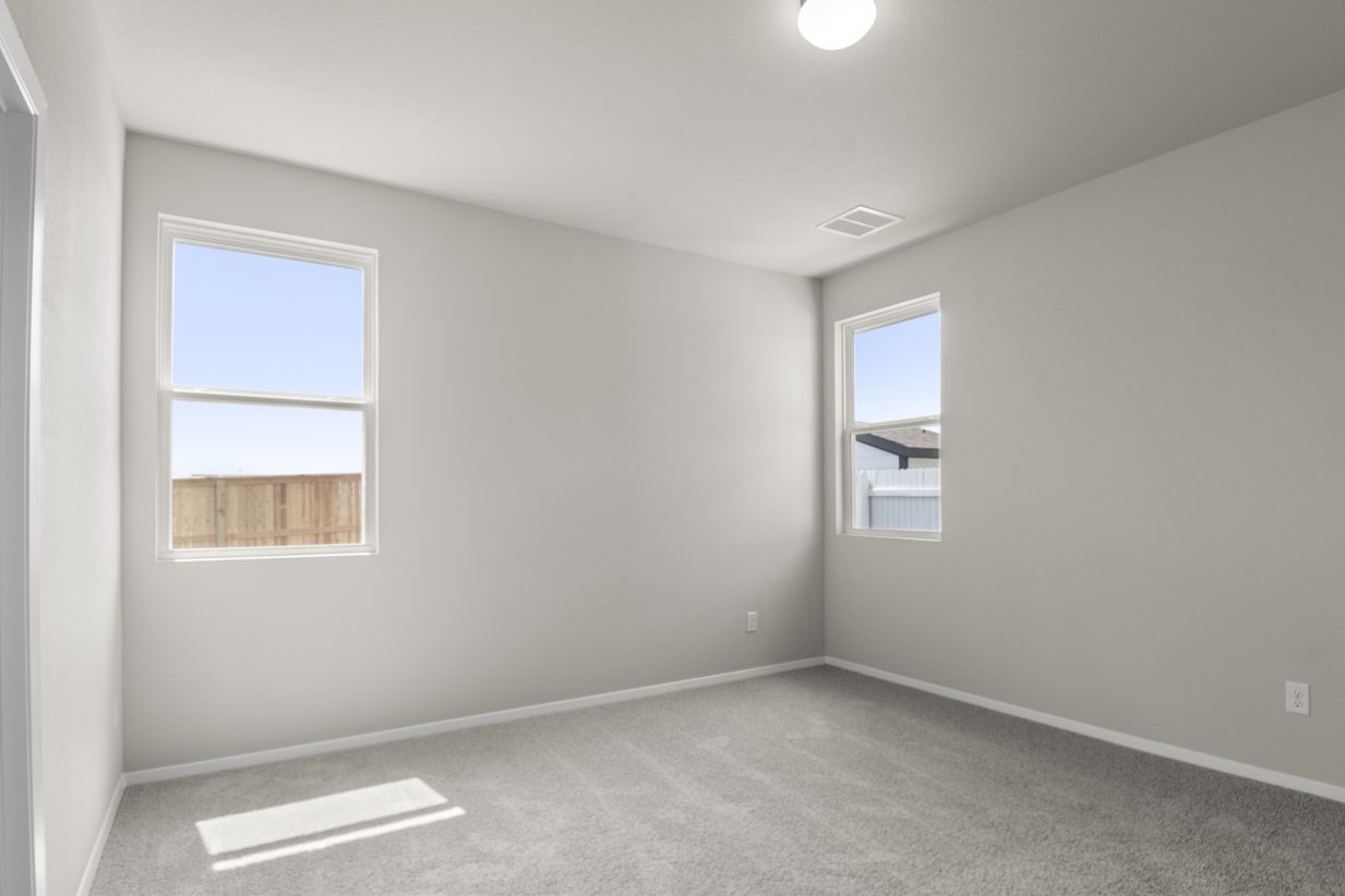 Image of a primary bedroom with light grey walls and carpeting with windows