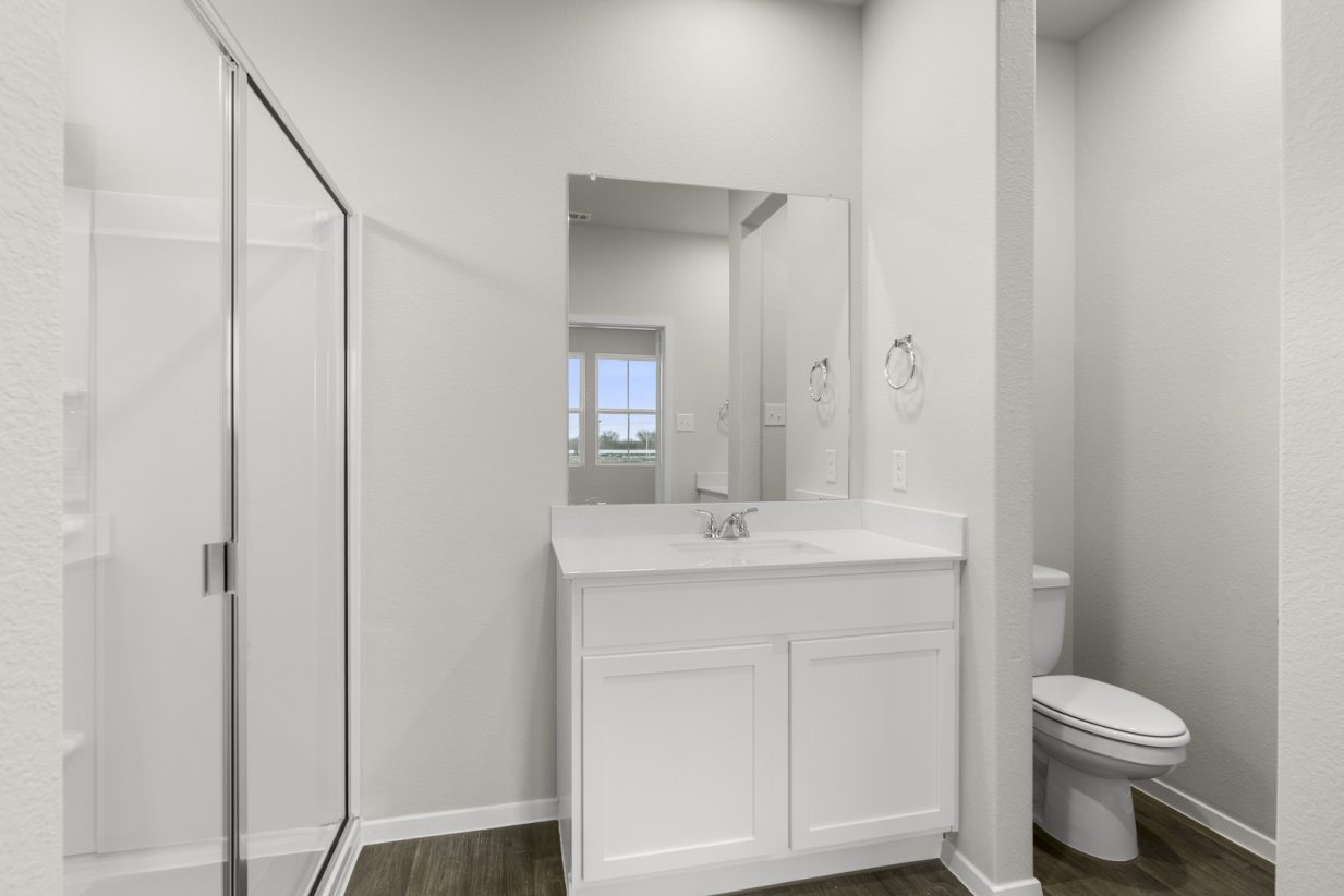 Image of a primary bathroom with a white vanity and cabinets, a mirror, semi private water closet, and a standing shower