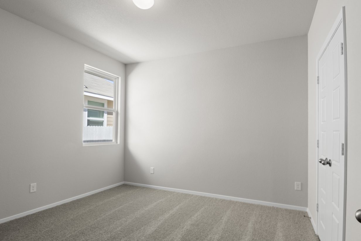 Image of a bedroom with light grey walls, tan carpeting, a window and white trim
