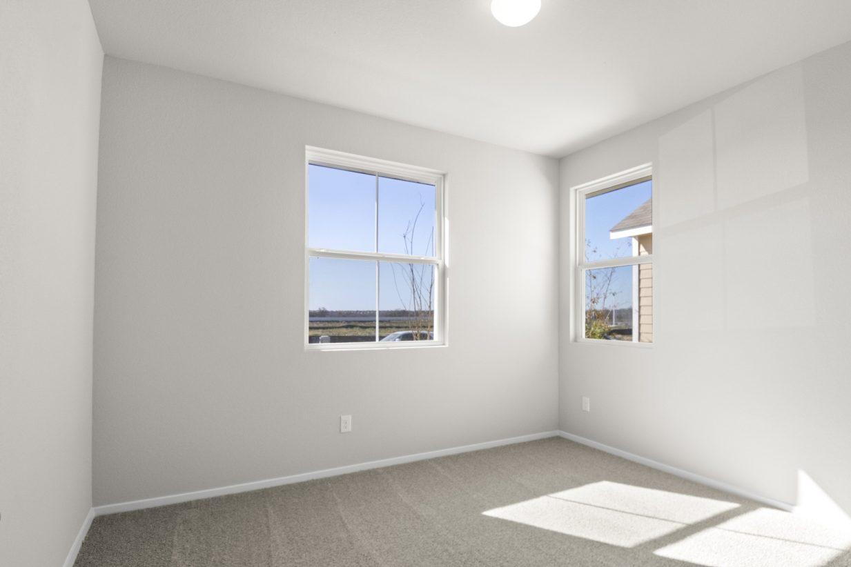 Image of a bedroom with light grey walls, two windows, white trim and tan carpeting