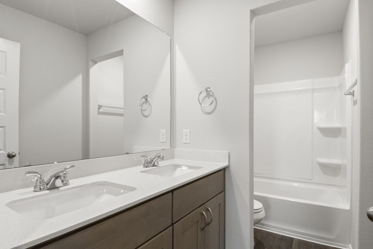 Image of a bathroom with a semi-private water closet, a vinyl shower, and a white jack and jill vanity with a large mirror