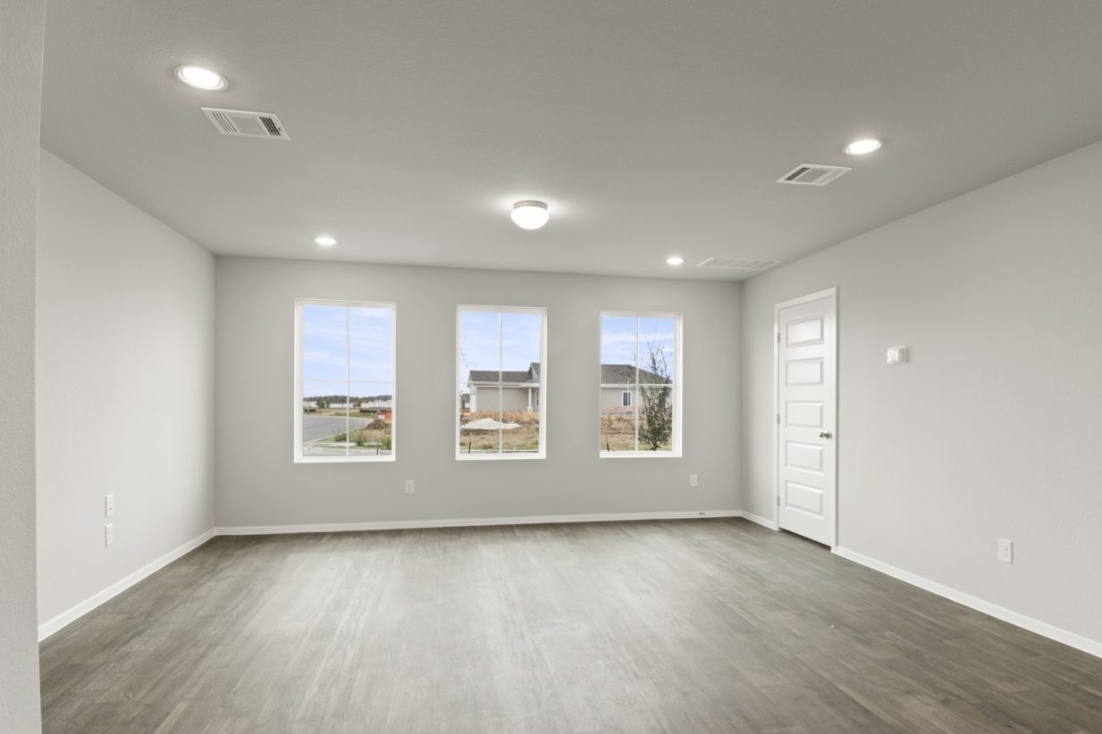 Image of a living room area with a white front door, brown vinyl flooring, light grey walls and three large windows