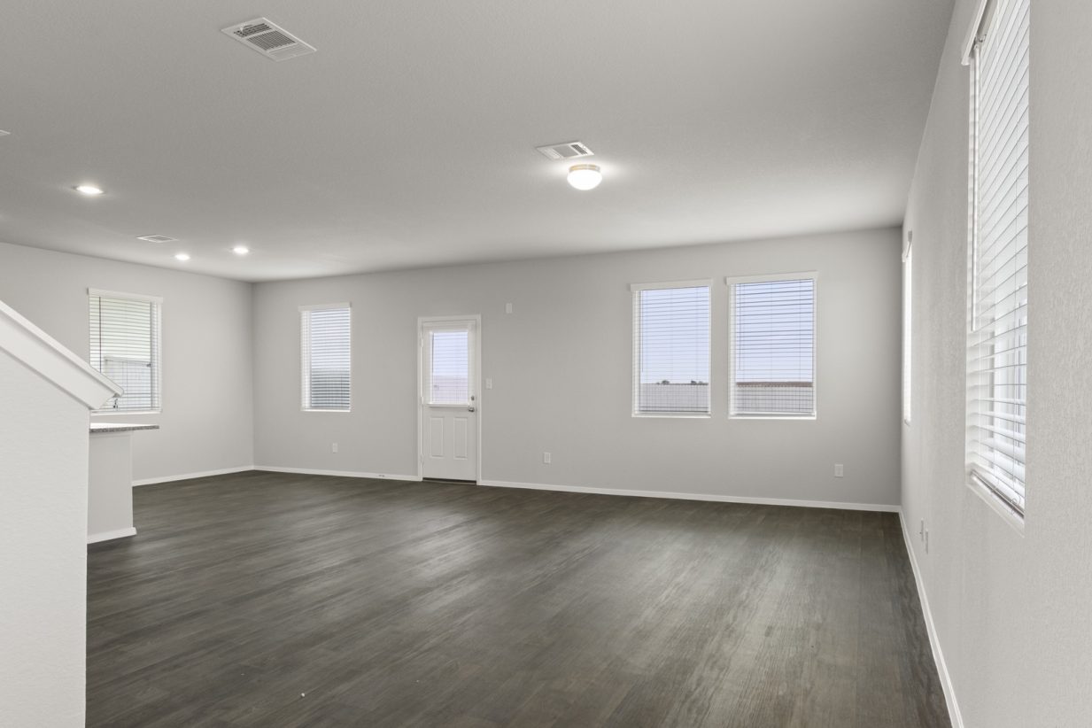 Image of a living room with dark vinyl flooring and light grey walls with windows and a white back door