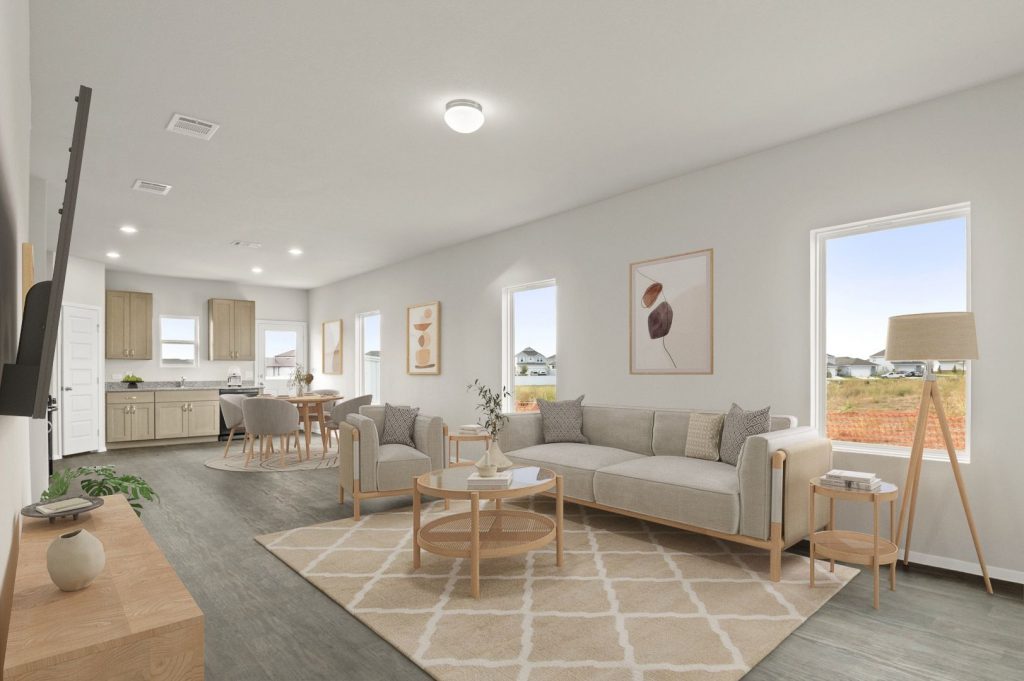 Image of a overview of a living/dining/kitchen area with scandinavian style furniture