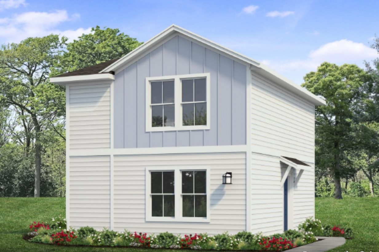 Rendered image of two story blue and white home with landscaping and sky