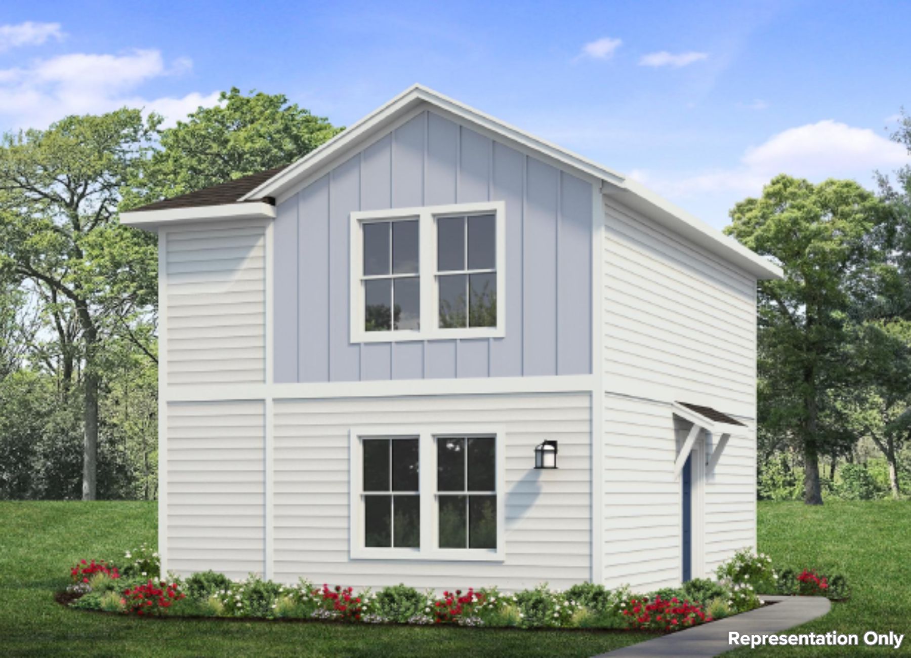 Rendered image of two story blue and white home with landscaping and sky