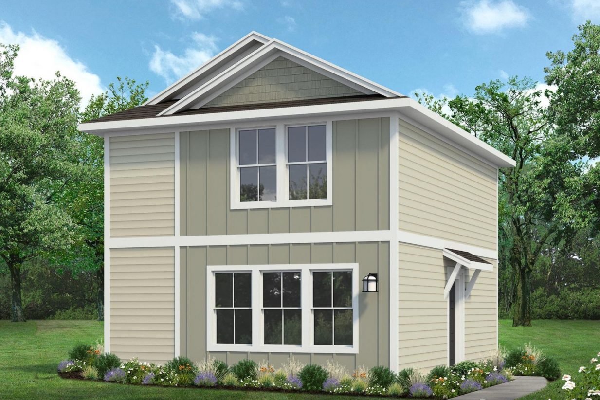 Rendered image of two story green home with landscaping and sky