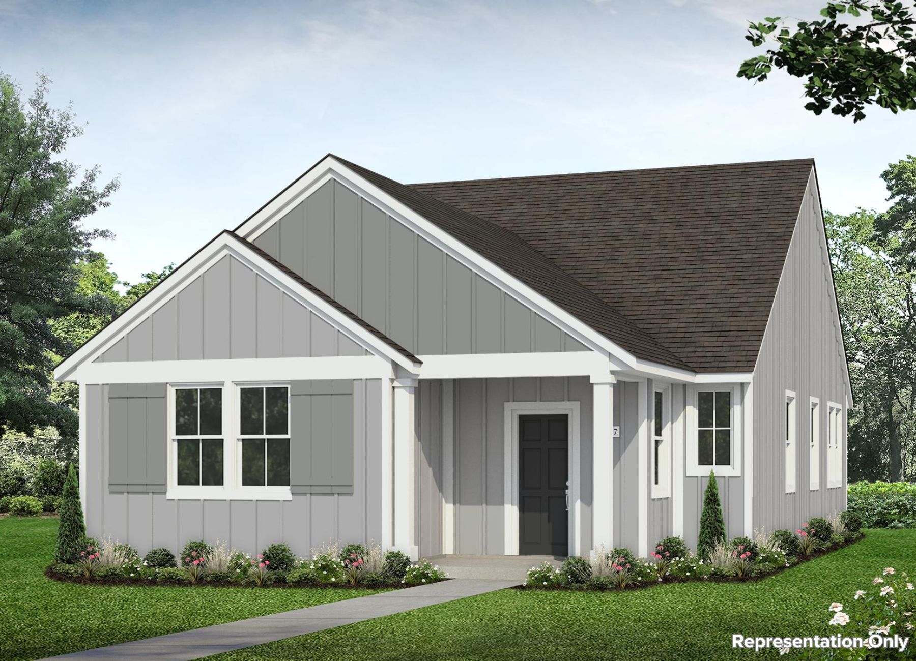 Rendering of one story grey house with white trim and black door with landscaping and blue sky.