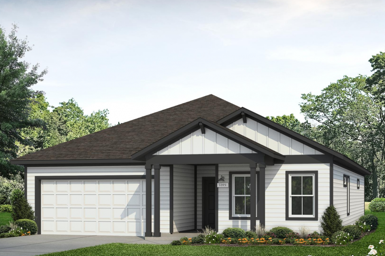 Rendering of white home with grey door and trim with greenery and a blue sky.