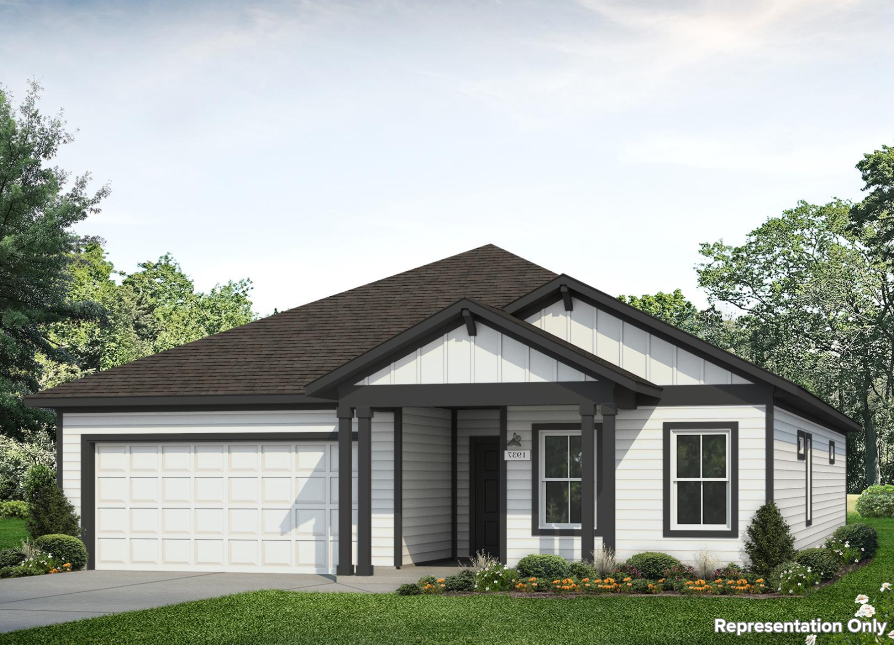 Rendering of white home with grey door and trim with greenery and a blue sky.