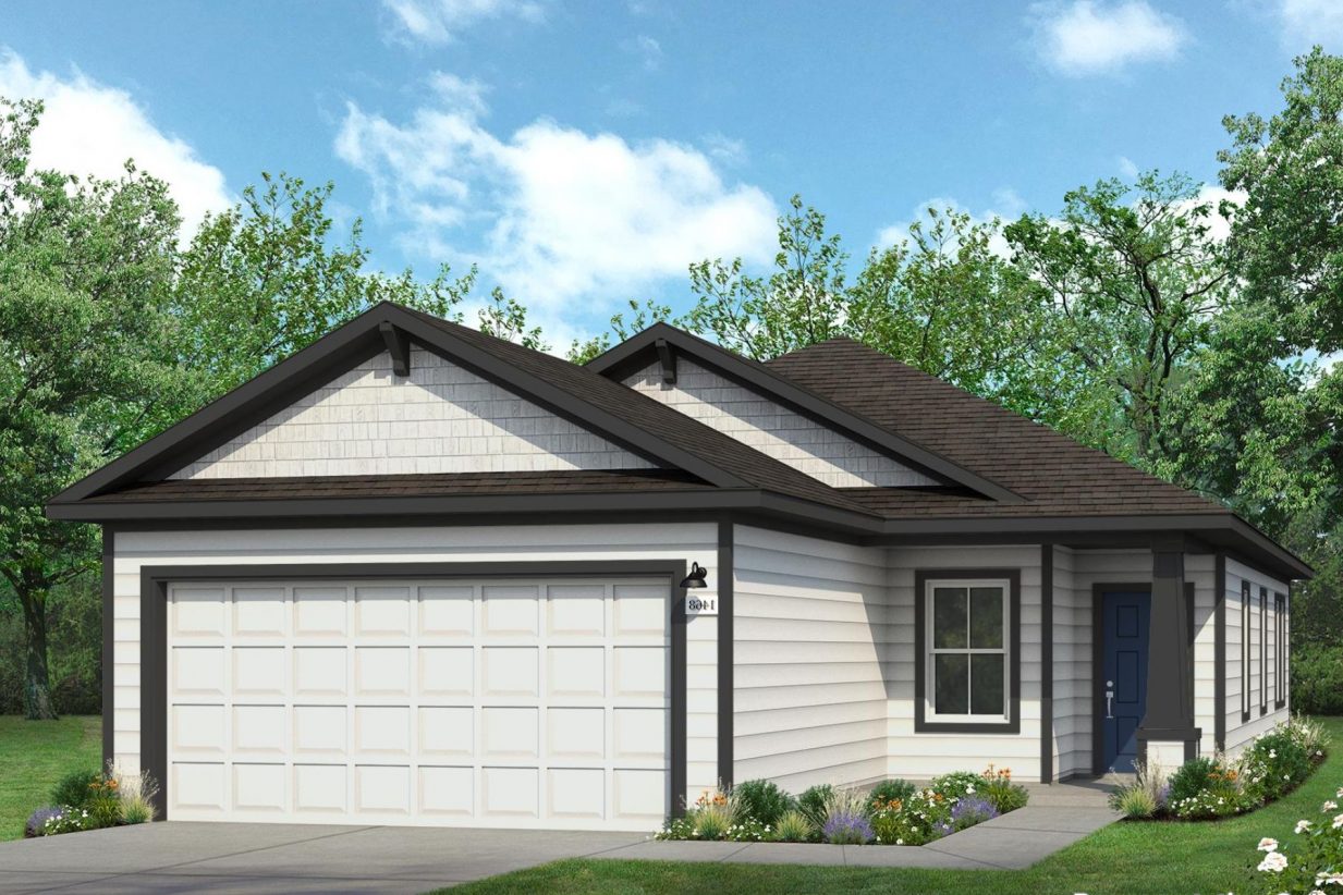 Rendering of one story house with white siding and garage door, black trim and accents, and blue front door
