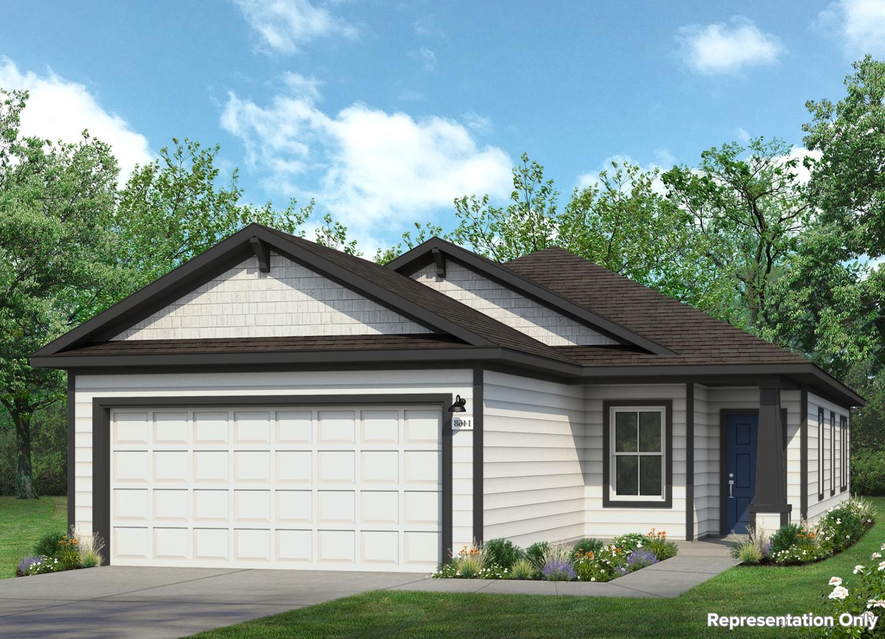 Rendering of one story house with white siding and garage door, black trim and accents, and blue front door