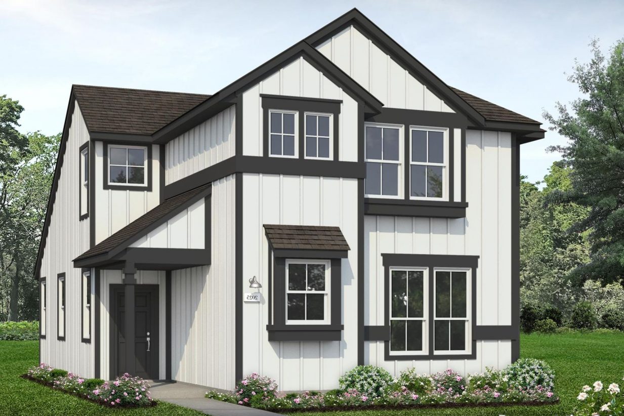 Rendering of two-story farmhouse style white home with black trim and black front door