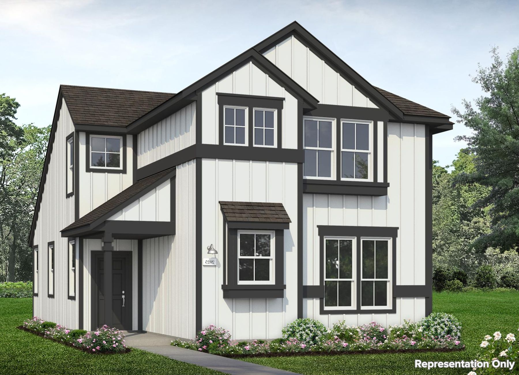 Rendering of two-story farmhouse style white home with black trim and black front door