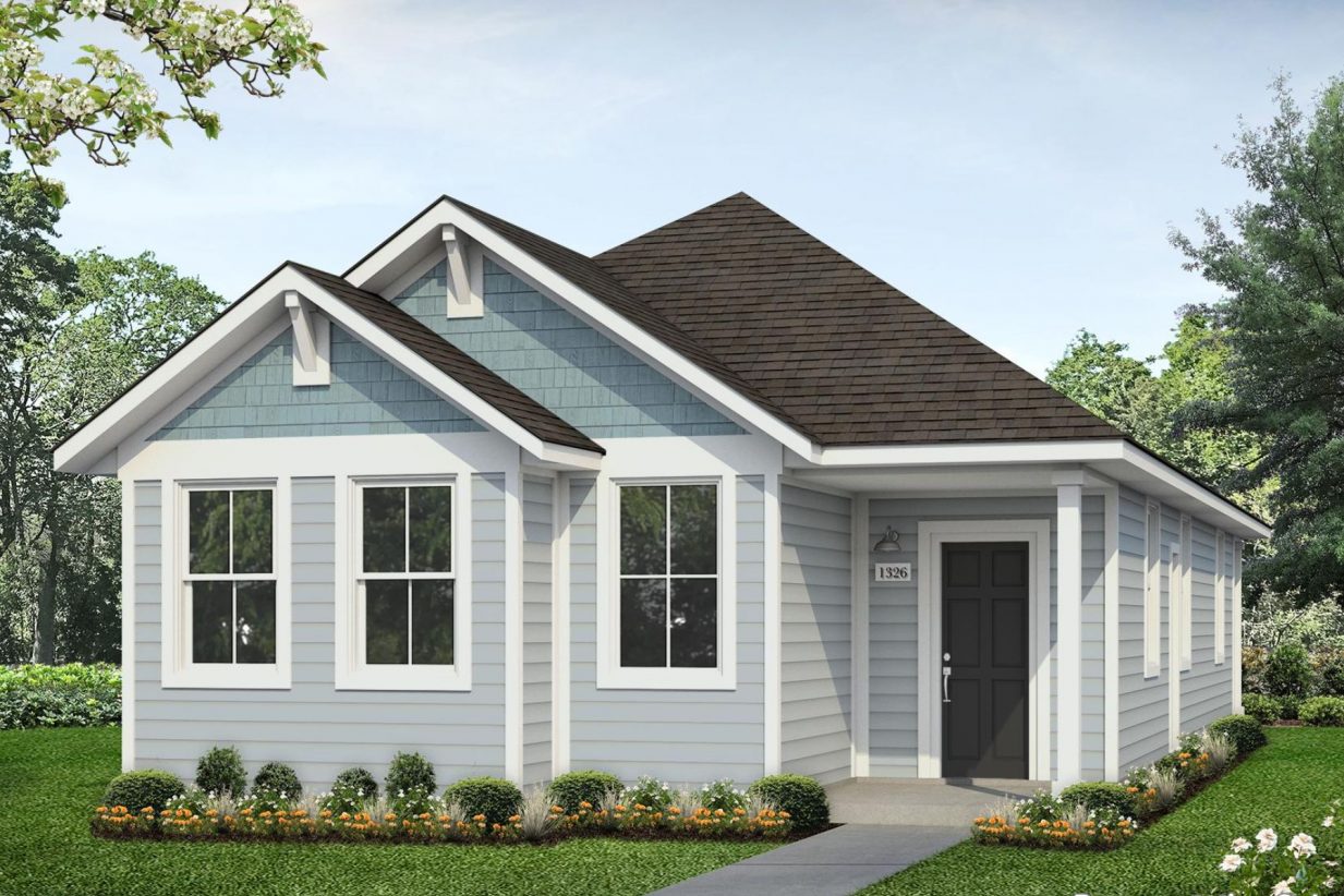 Rendering of one-story two tone blue home with black front door