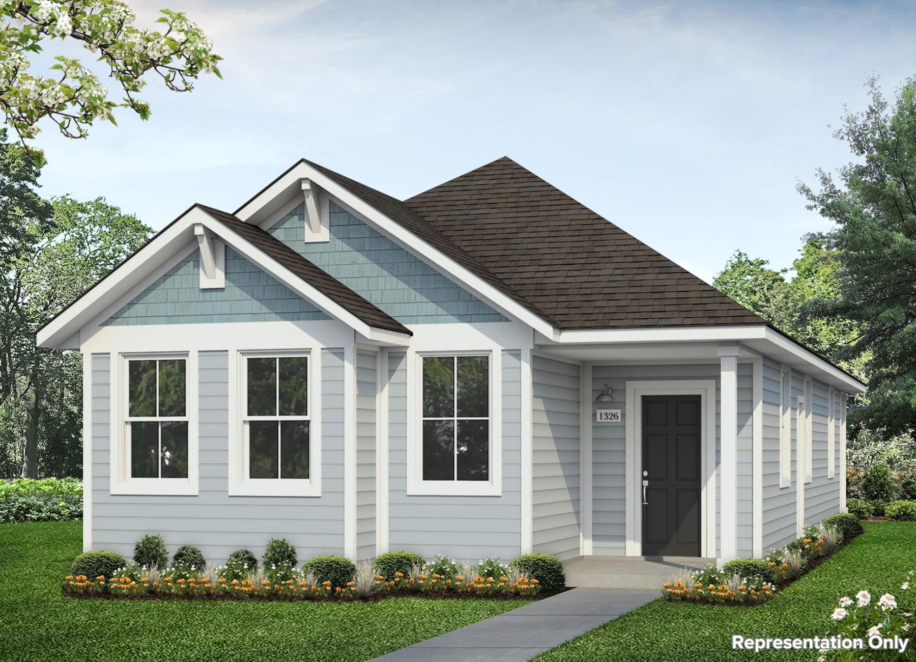 Rendering of one-story two tone blue home with black front door