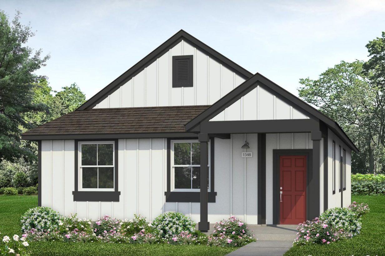 Rendering of one-story white home with black trim and walkway to red front door
