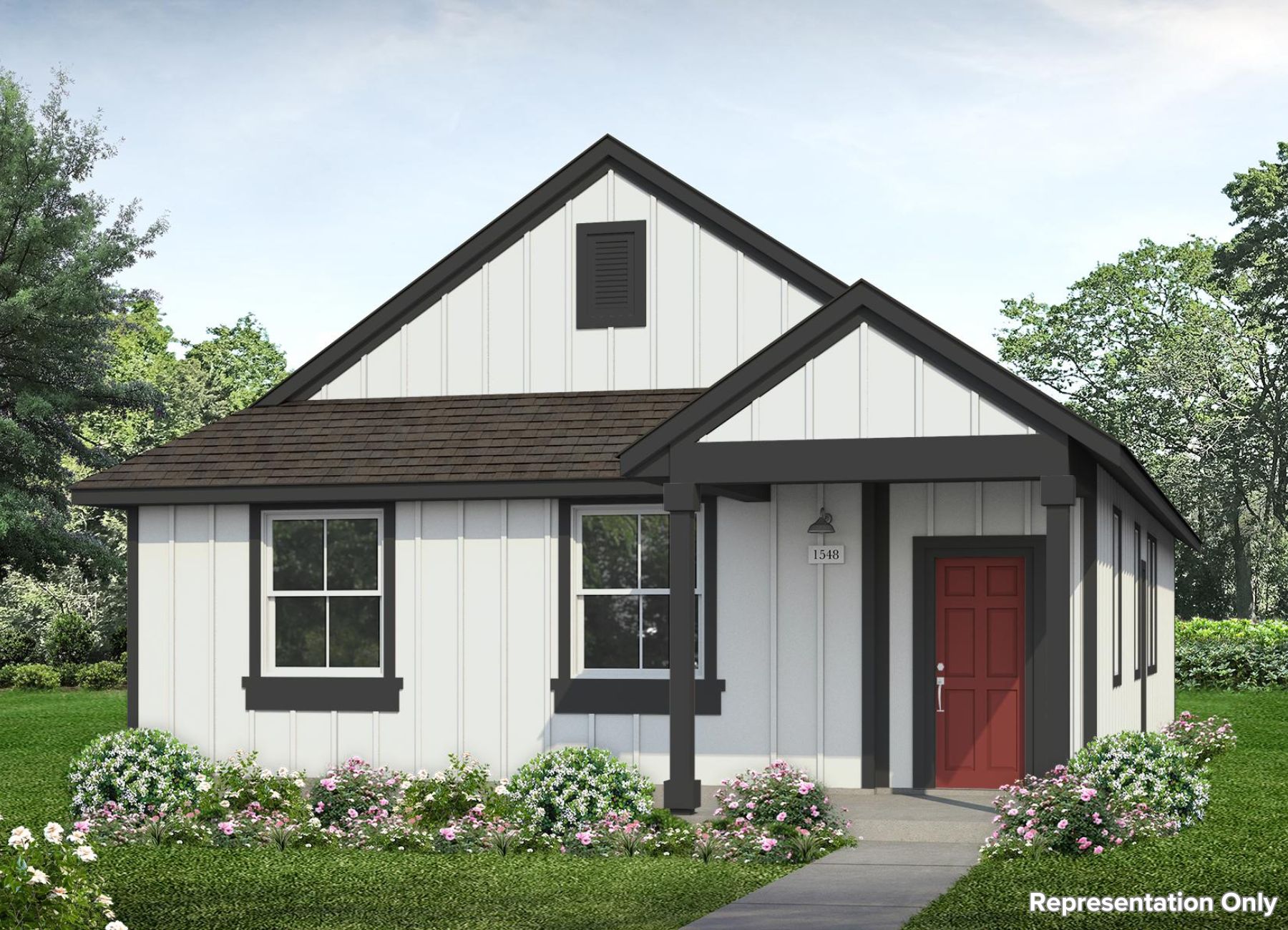 Rendering of one-story white home with black trim and walkway to red front door