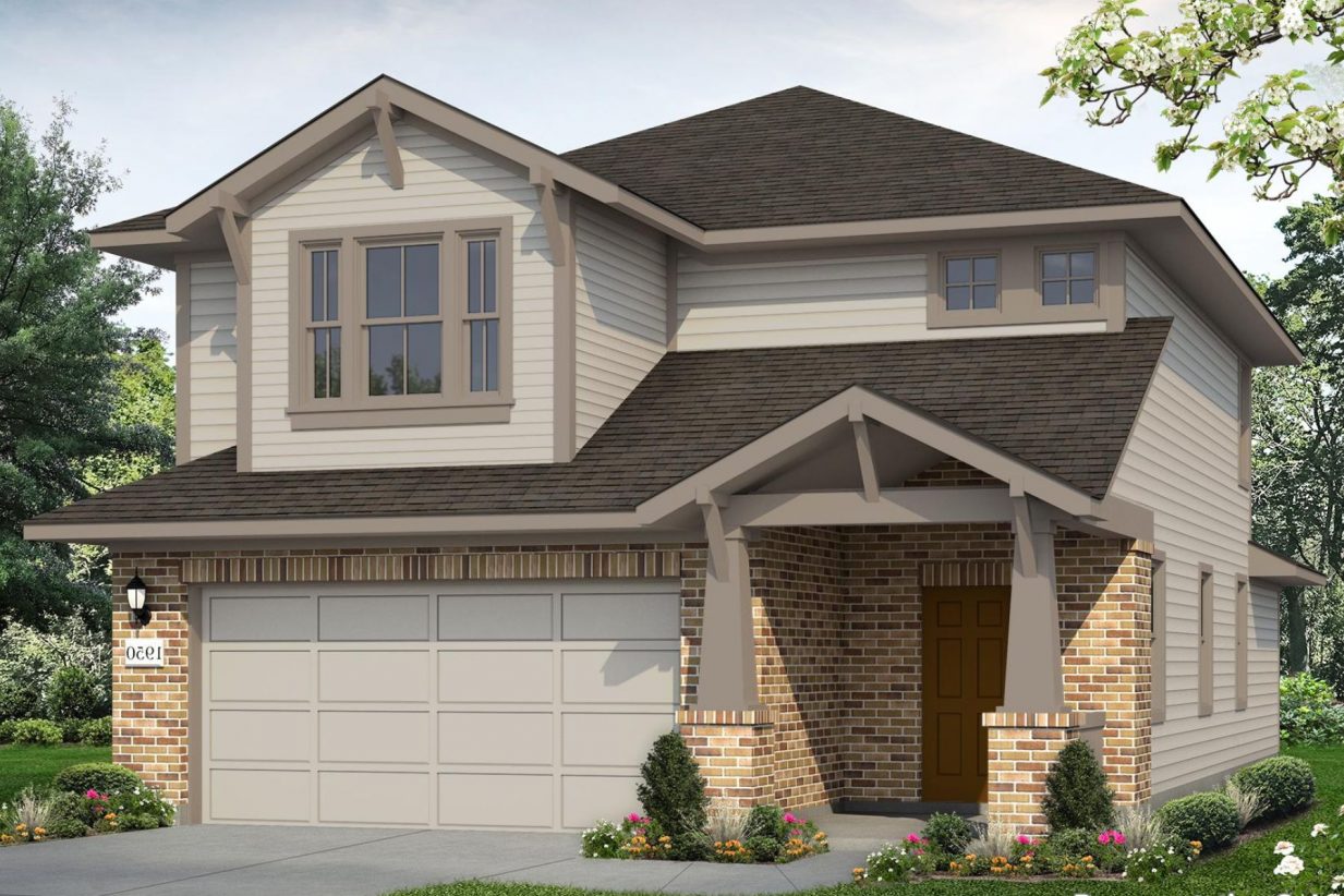Image of two-story home with two-tone brown siding and trim, warm brick, landscaping and sky