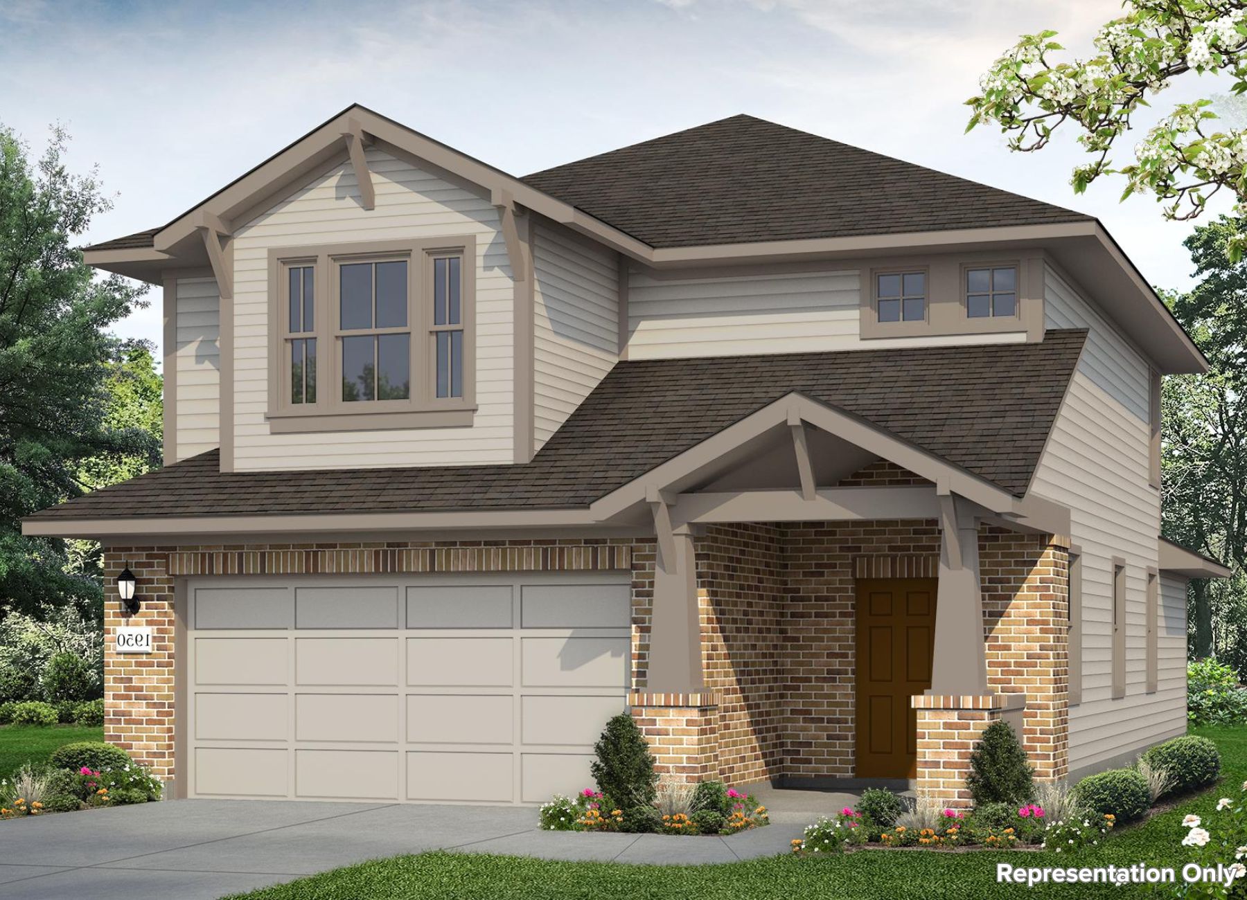 Image of two-story home with two-tone brown siding and trim, warm brick, landscaping and sky