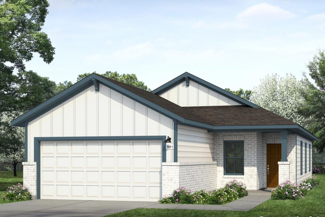 Rendering of one-story home with white siding, brick accents, and garage door with dark teal trim and brown front door
