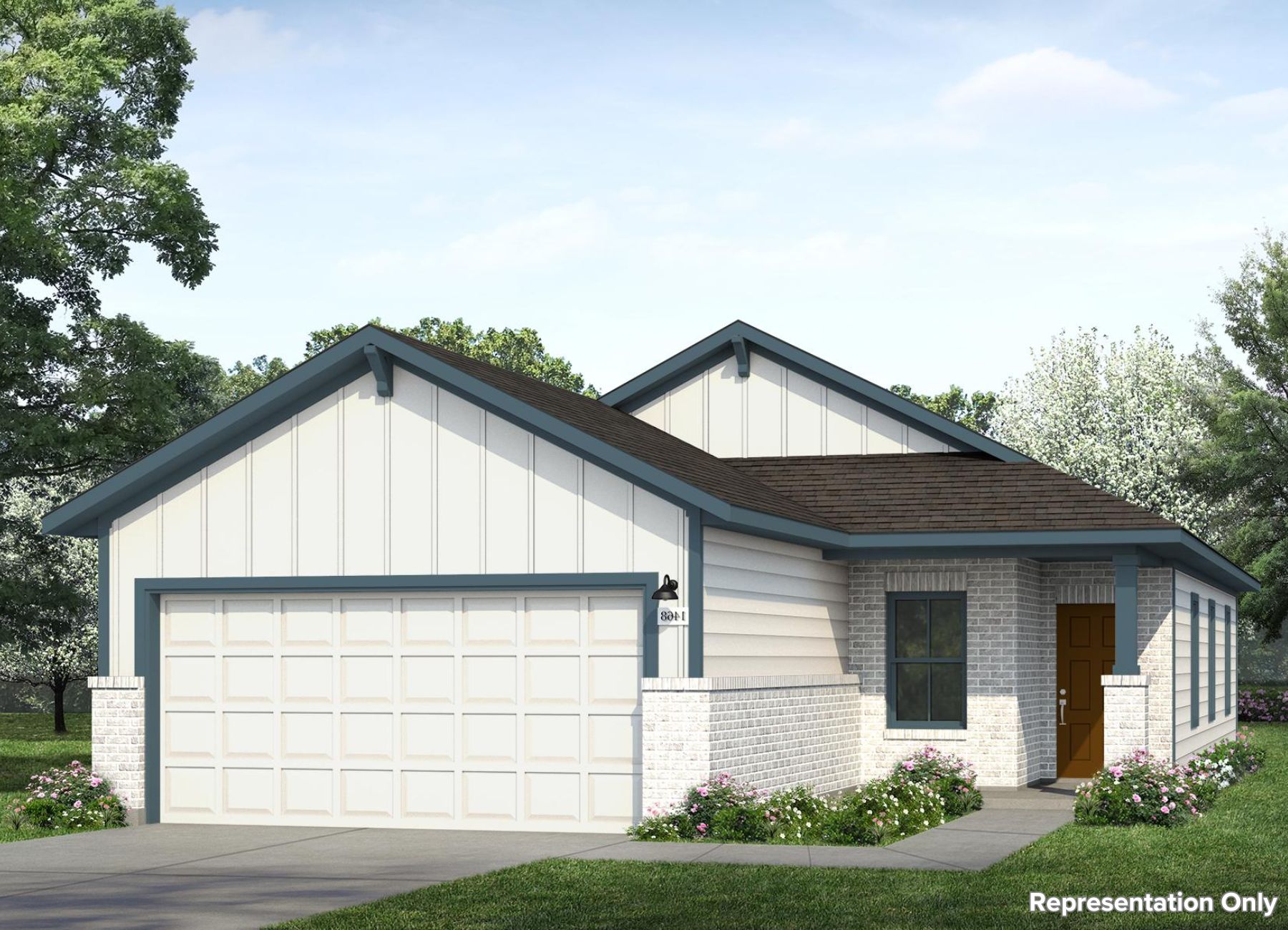 Rendering of one-story home with white siding, brick accents, and garage door with dark teal trim and brown front door