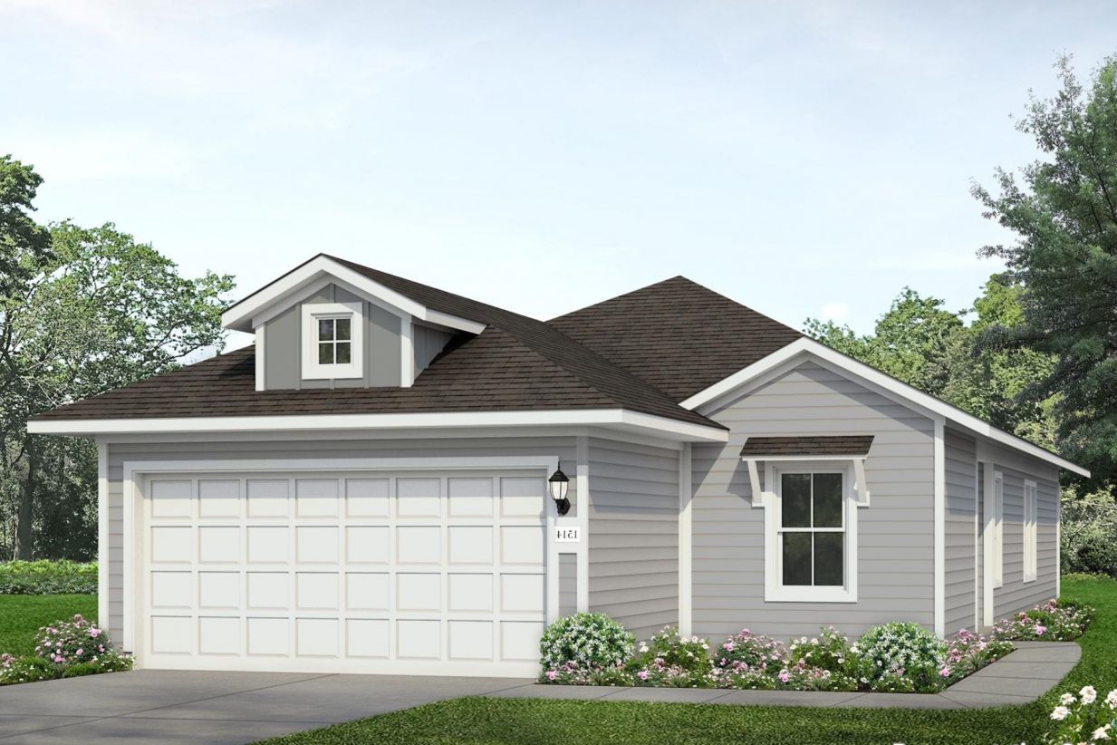 Rendering of one-story grey home with white trim and garage door, green grass, and sky